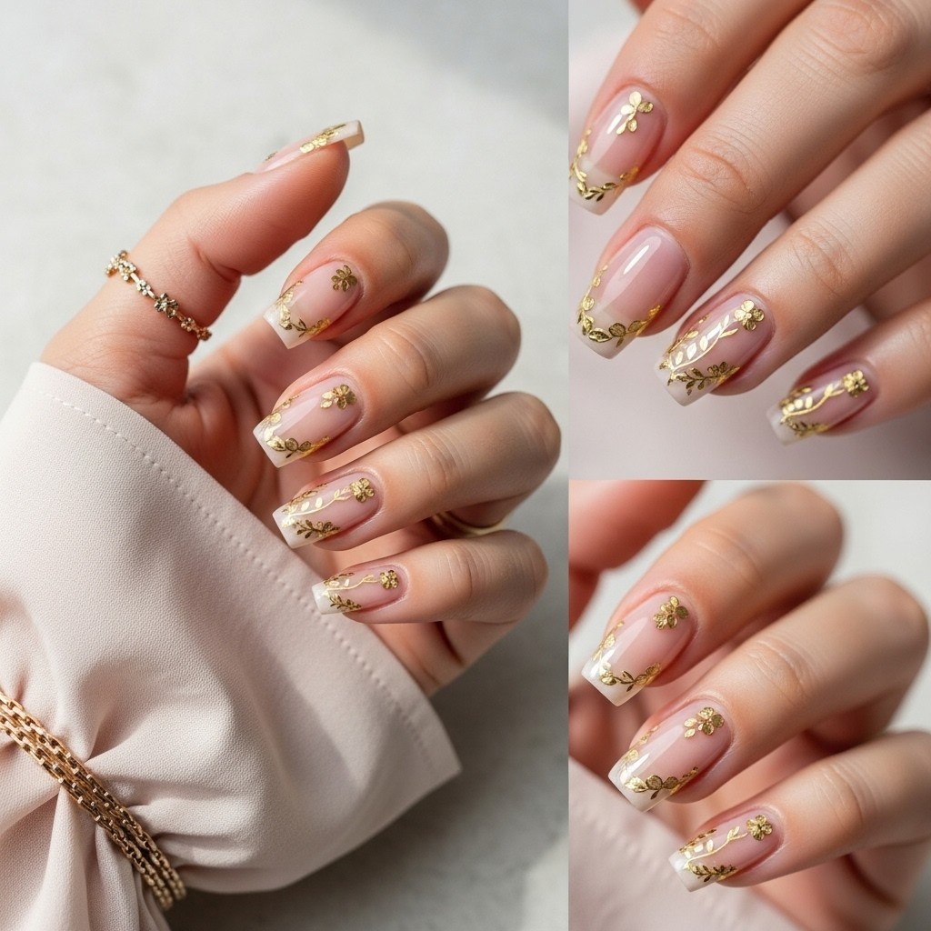 Sheer nude nails with delicate gold floral tip designs on thin fingers, styled with a soft pastel sleeve.
