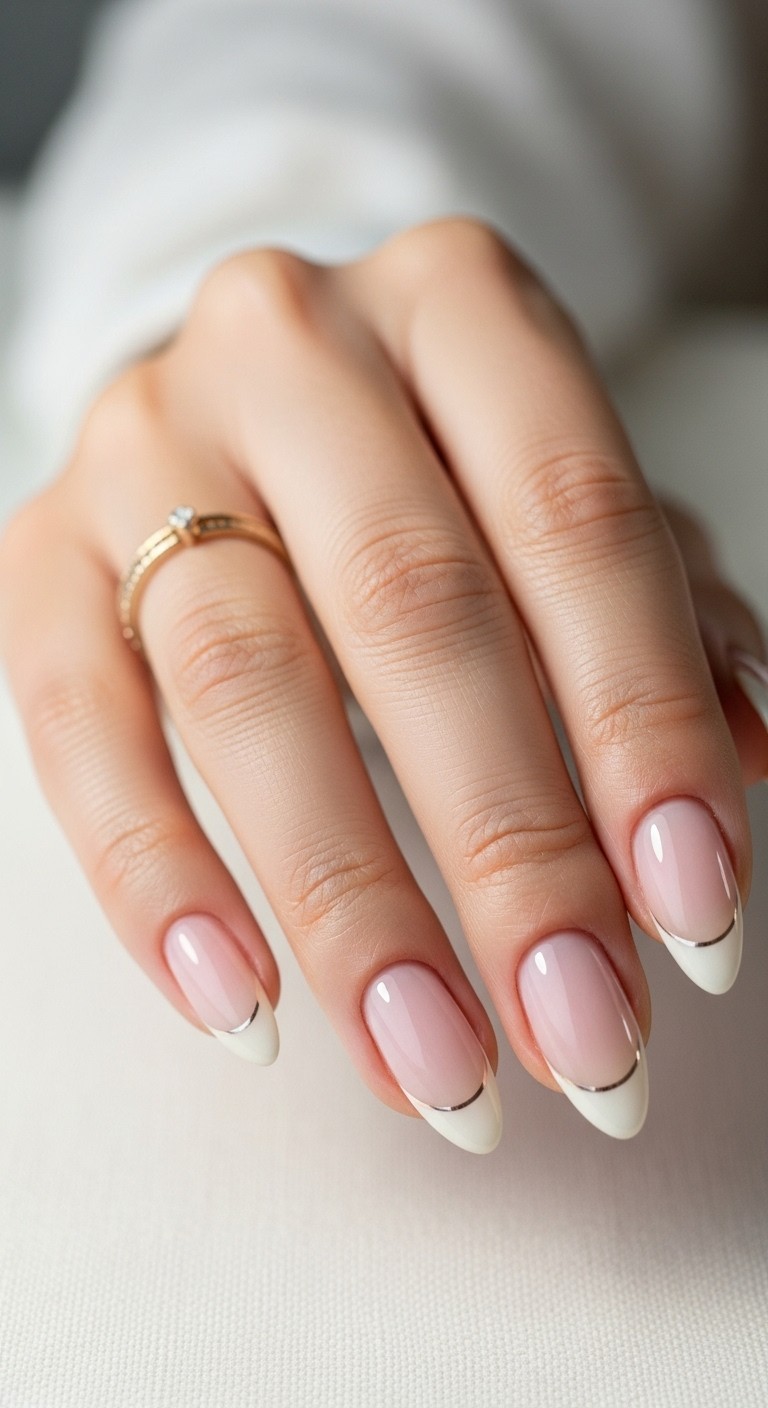 Close-up of almond-shaped nails with ivory chrome French tips and milky pink bases on a relaxed, naturally posed hand.