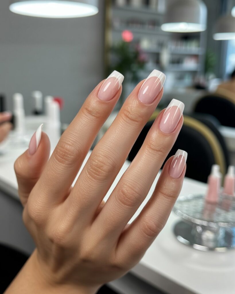 Close-up of medium-length nails with classic French manicure featuring thinning white tips, glossy finish in a modern nail salon setting.