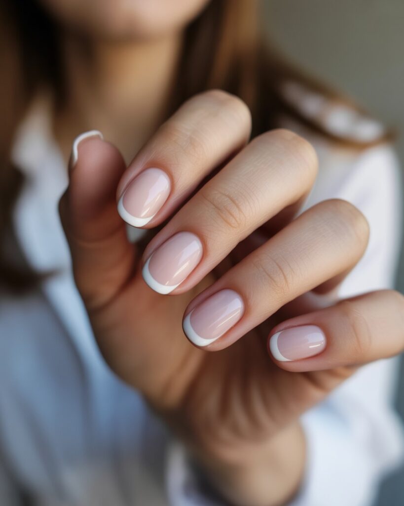 Close-up of medium-length almond-shaped nails with light pink base and classic white French tips, glossy elegant manicure.