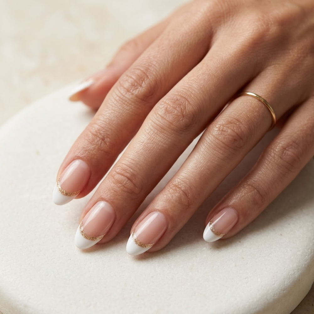 Almond-shaped nails with a sheer nude base and a fine gold glitter line along the French tip smile line