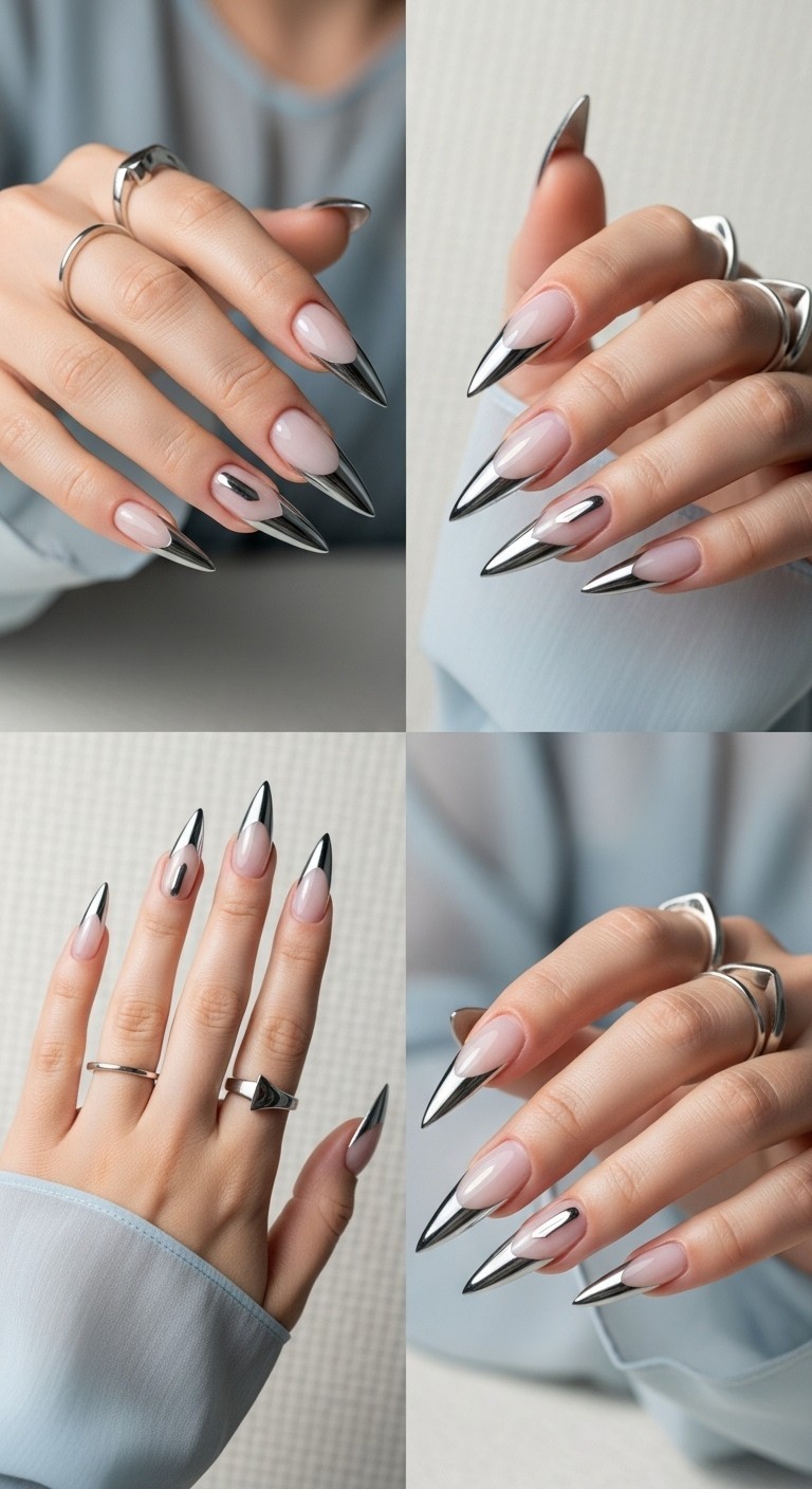 hand with stiletto-shaped nails featuring translucent bases and sharp silver chrome French tips with geometric metallic accents, accessorized with modern silver rings and cool-toned sleeves.
