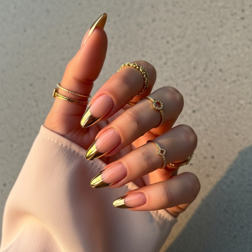 Hand with gilded gold chrome French tips and a nude base, styled with gold rings on a soft background.