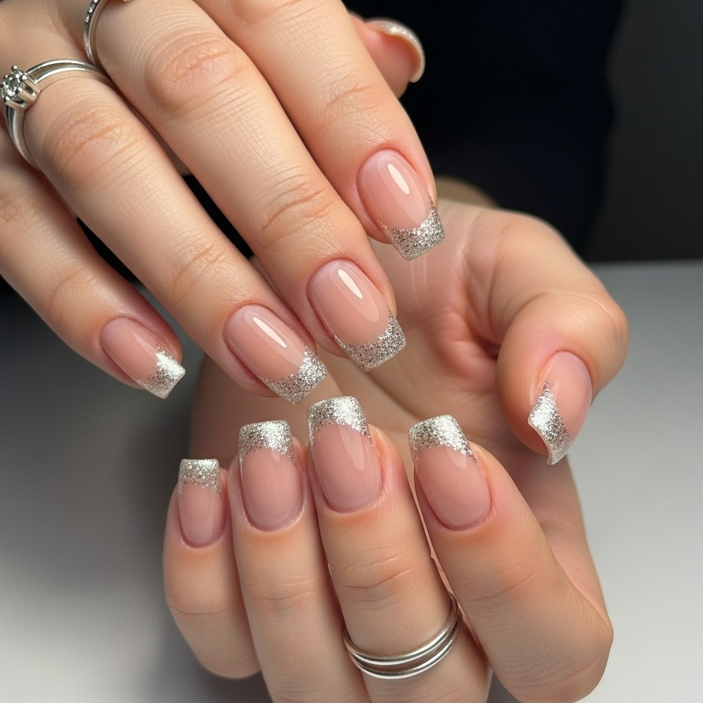 nude nails featuring subtle silver glitter on French tips against a neutral background.
