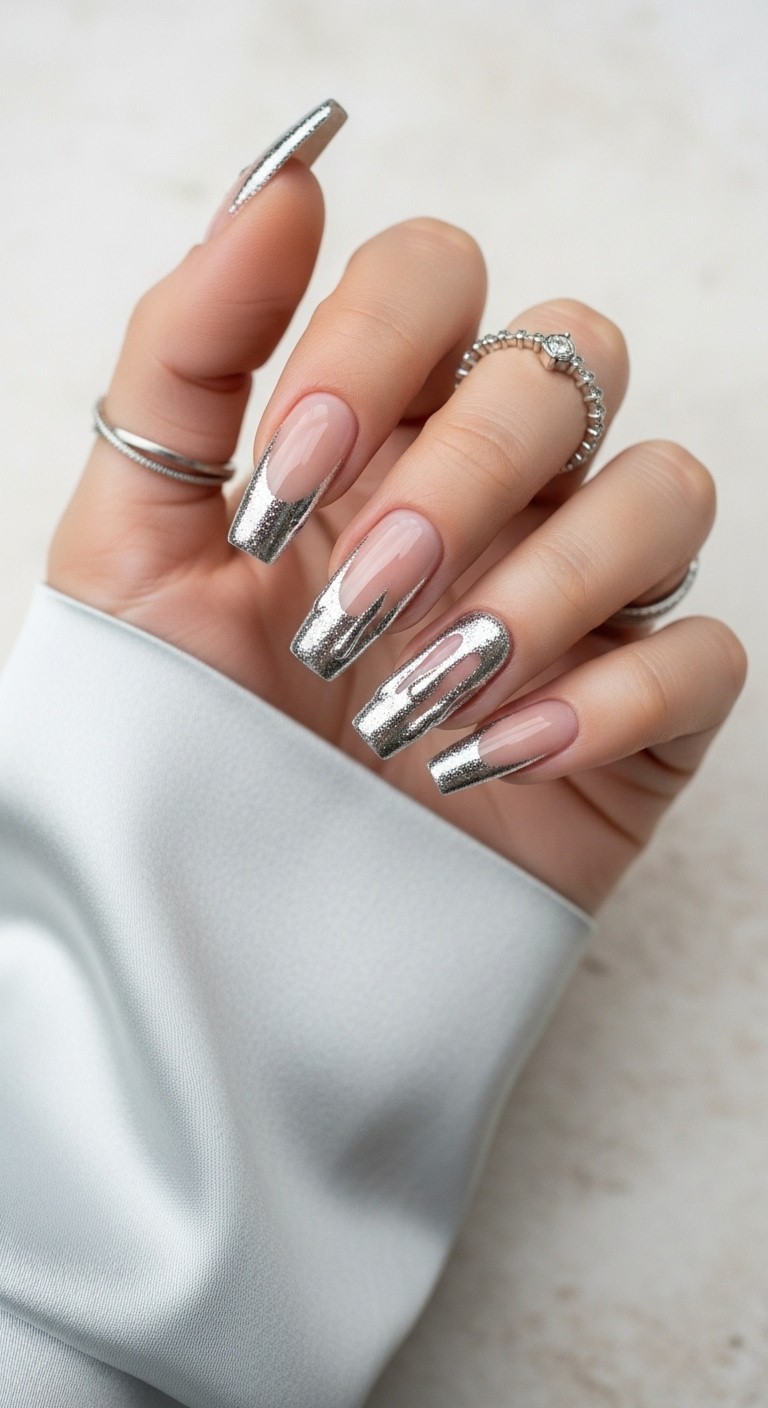 A female hand with almond-shaped nails featuring nude bases and silver chrome French tips that drip down in a glittery, molten-metal style, set against a soft neutral background with minimal accessories.