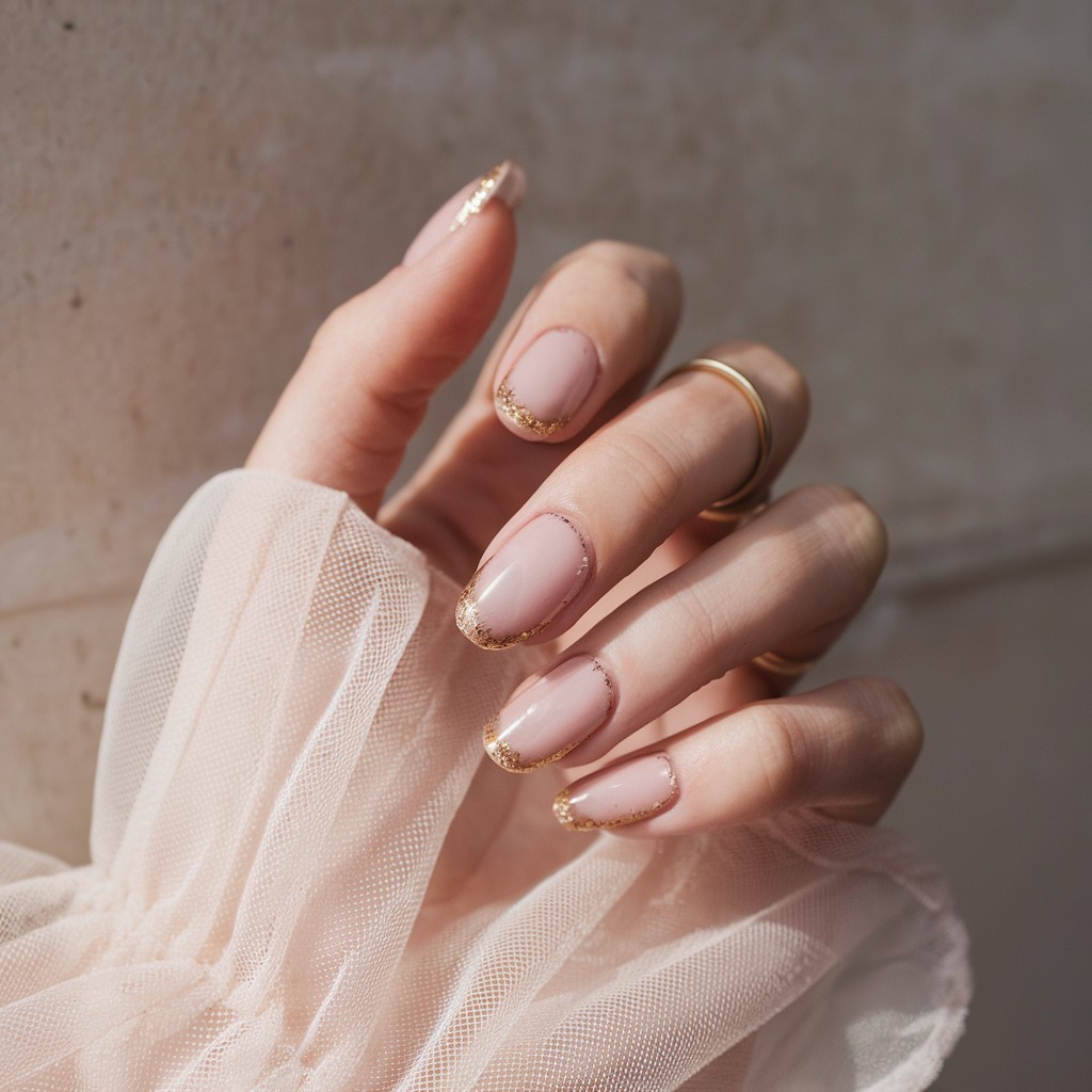 Elegant hand with nude almond nails featuring thin gold glitter edges on the French tips, styled with soft fabric and a gold ring.

