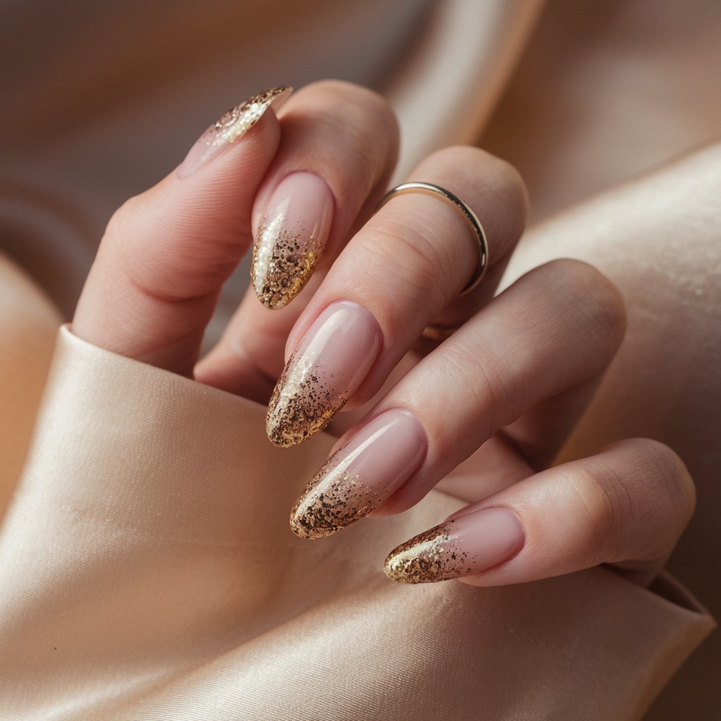 Sleek hand with almond nails featuring nude base and sparkling gold glitter French tips, styled with soft fabric and minimal gold accessories.

