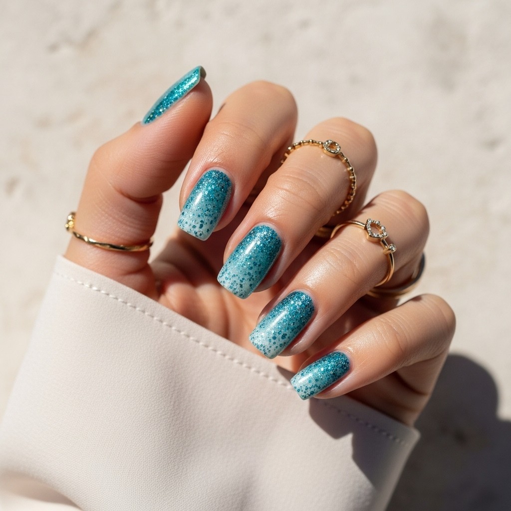 Hand-painted glitter gradient nails in ocean-inspired tones, featuring natural polish texture and subtle gold accessories, styled with a soft sleeve and neutral background.