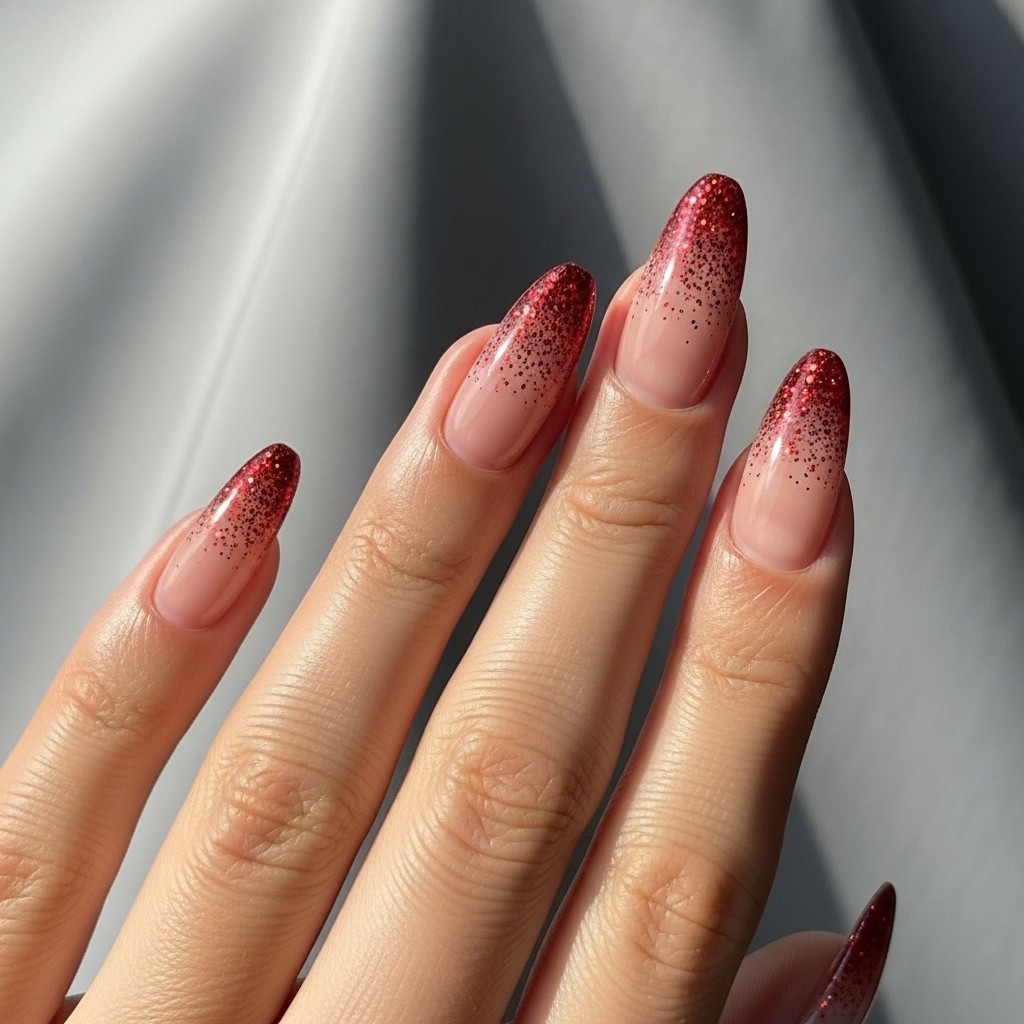 Back of hand with straight fingers showing medium-length almond nails with nude base and red glitter ombré French tips.