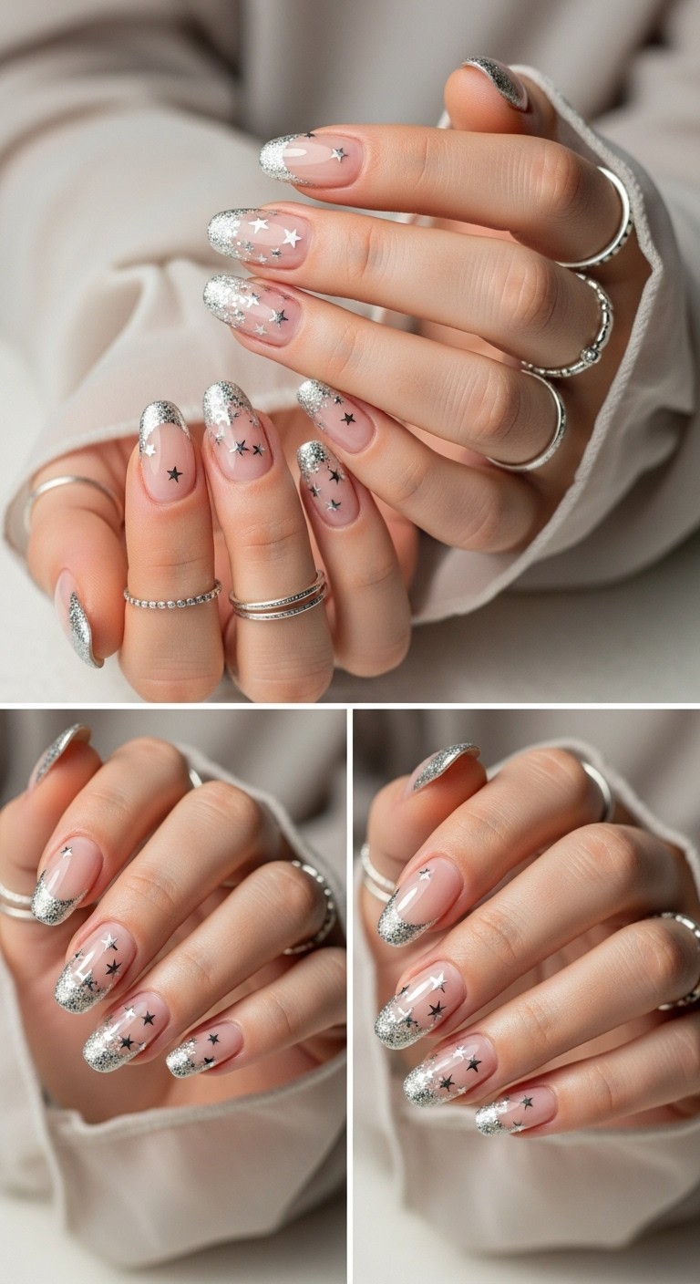 hand with oval nails featuring nude bases, silver French tips with fine glitter, and delicate silver star accents, accessorized with thin silver rings and soft pastel sleeves.