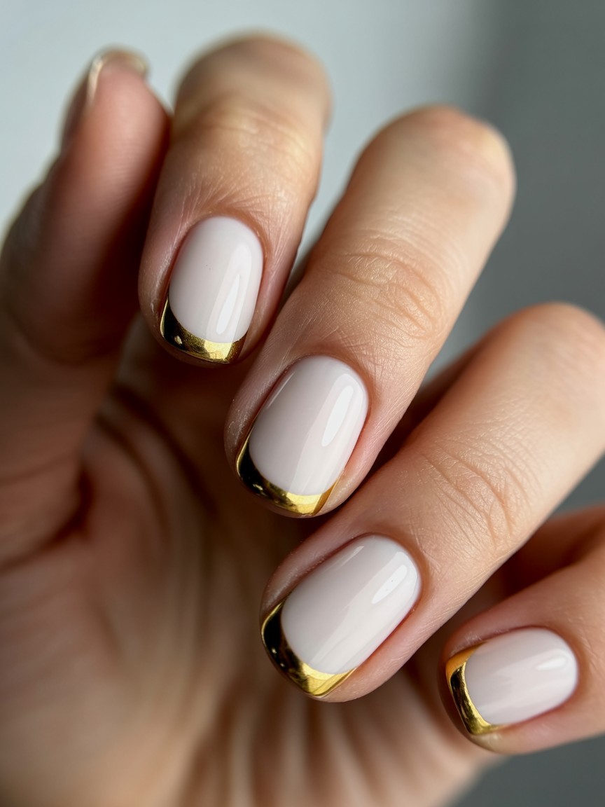 Close-up of hand with glossy white nails and bold gold French tips.