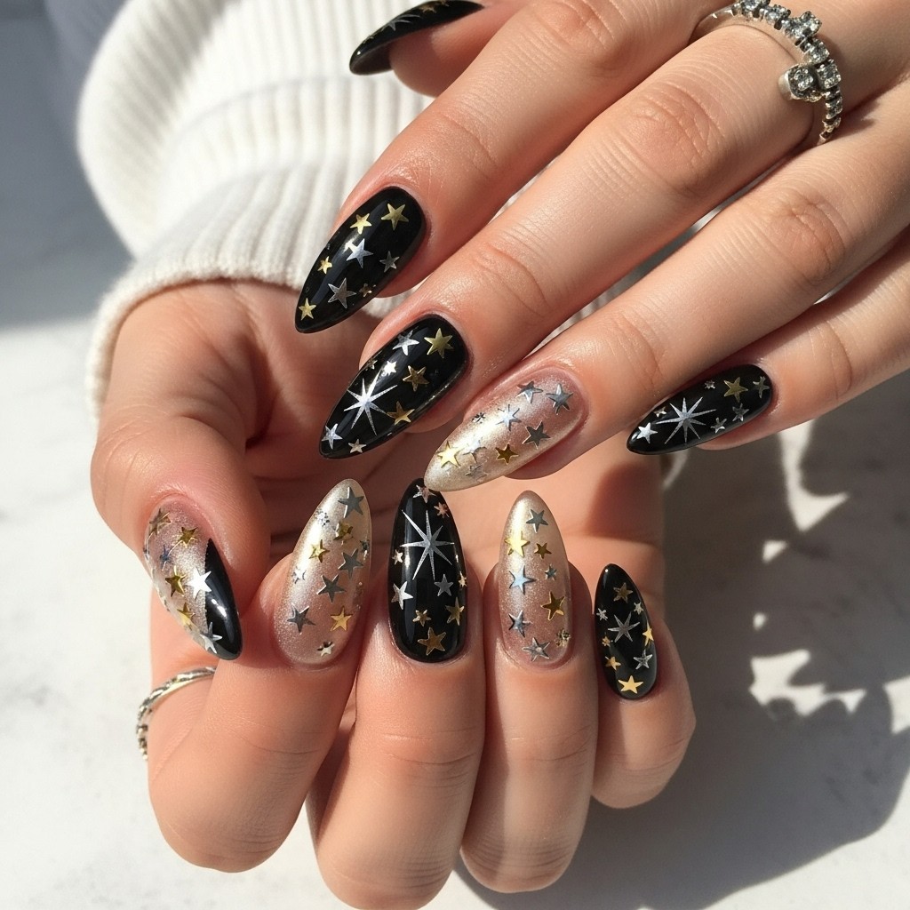 Glossy black and gold nails with silver and gold star accents on slender fingers, styled with a sheer black sleeve.

