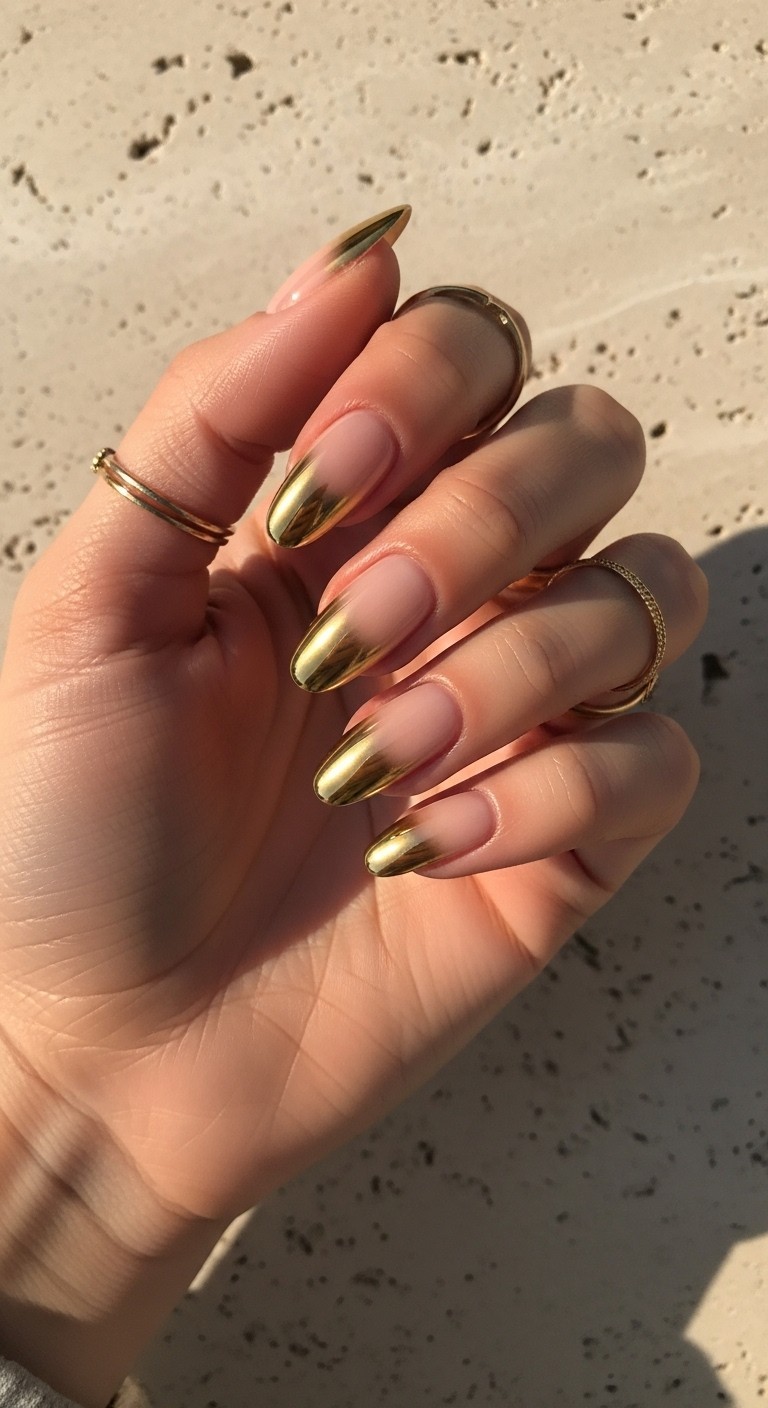 A hand with gold chrome ombré French tip nails, blending metallic gold tips into a nude base.