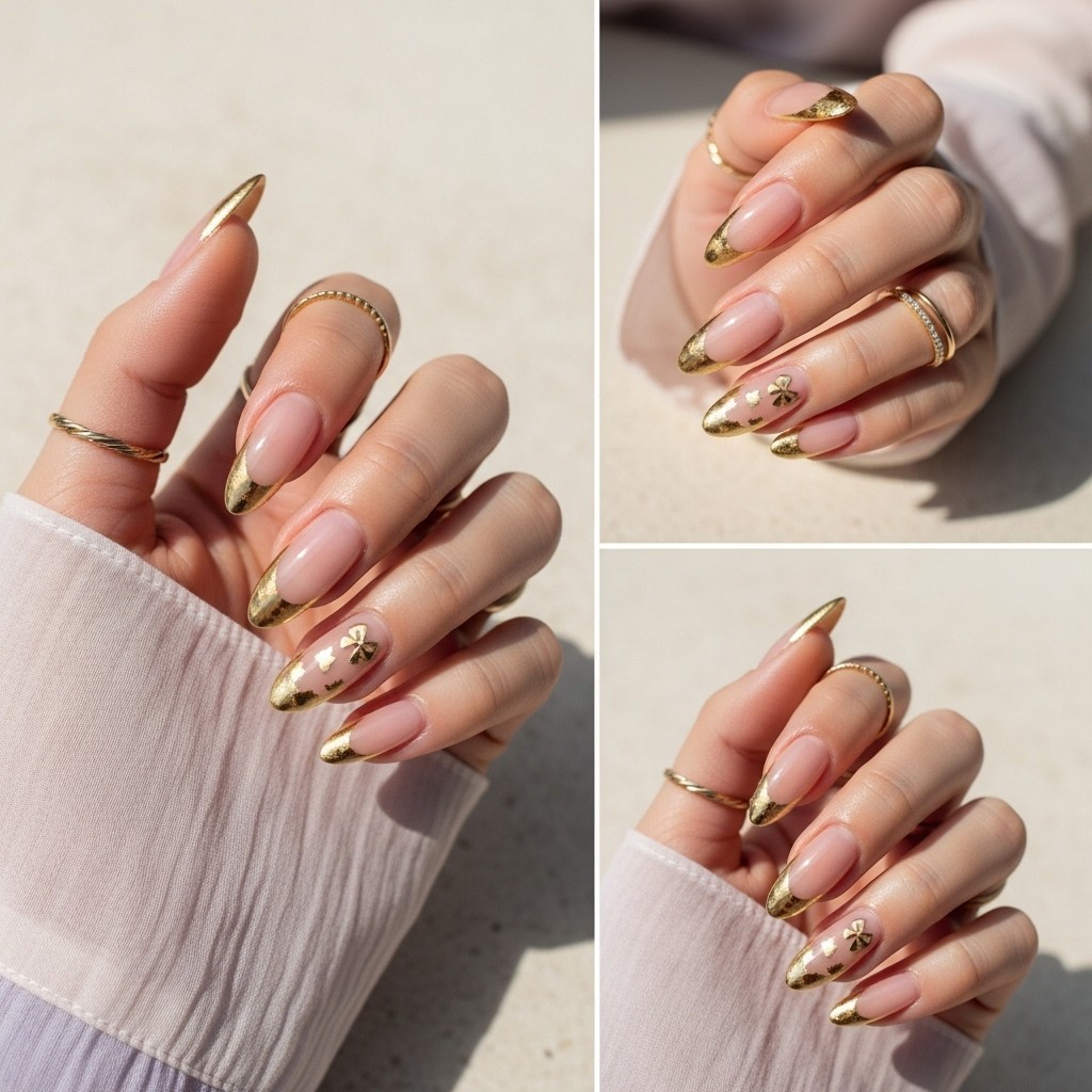 Close-up of hand with sleek fingers showing gold coquette French tip nails with delicate heart and bow accents on glossy nude base.