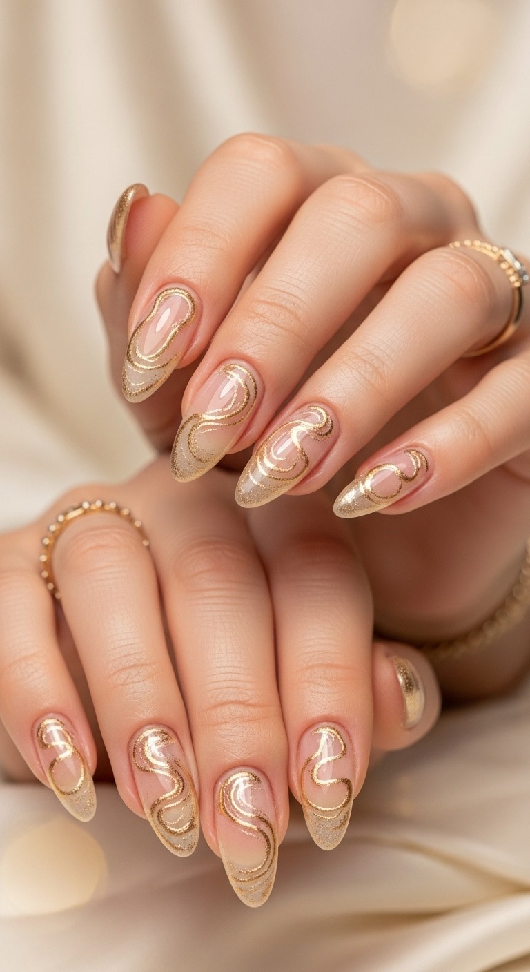 Elegant French manicure with gold swirl accents on a nude base, styled on a manicured hand