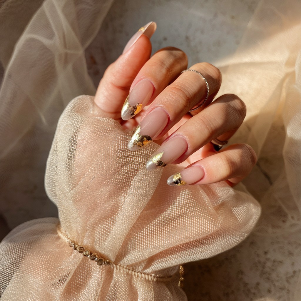 Almond-shaped nude nails with delicate gold foil flakes styled against a soft, neutral background and flowy sleeve.

