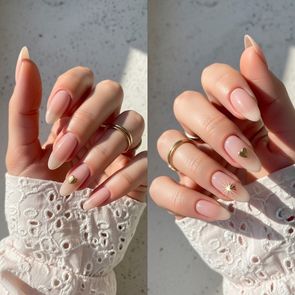 Soft pink nails with a small gold heart accent, shown on thin fingers with a romantic, flowy sleeve.

