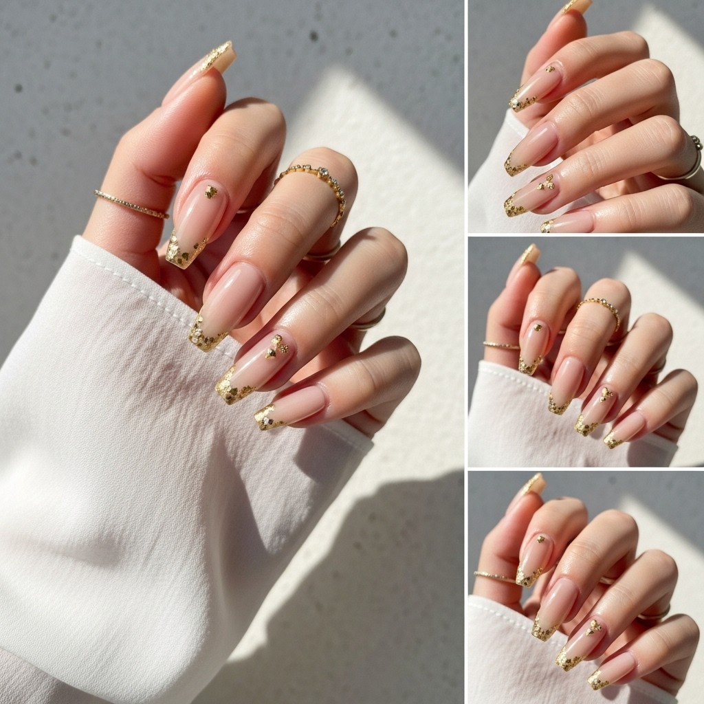Neutral nails with gold jewel embellishments on thin fingers, styled with a flowy cream sleeve and soft lighting.