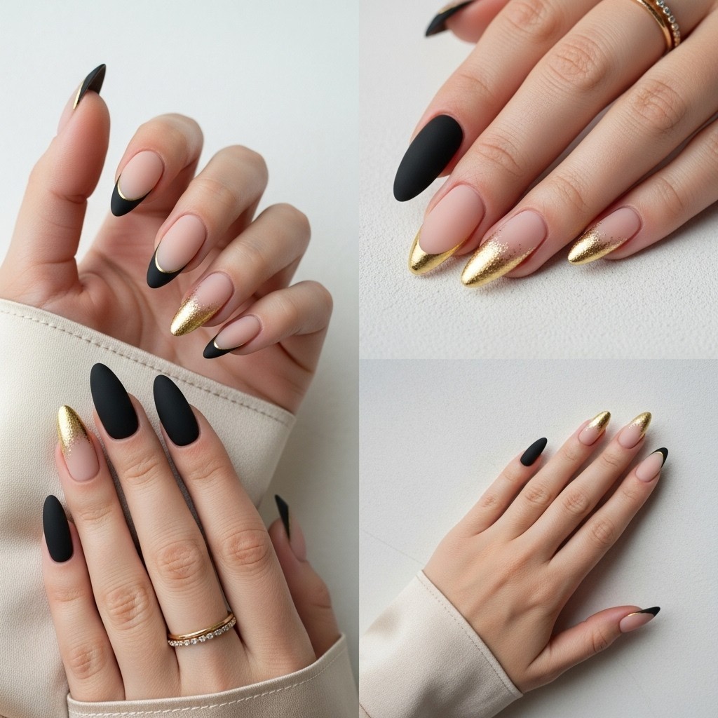 nails with matte black French tips and thin metallic gold accents over a matte nude base, styled with a champagne-toned sleeve