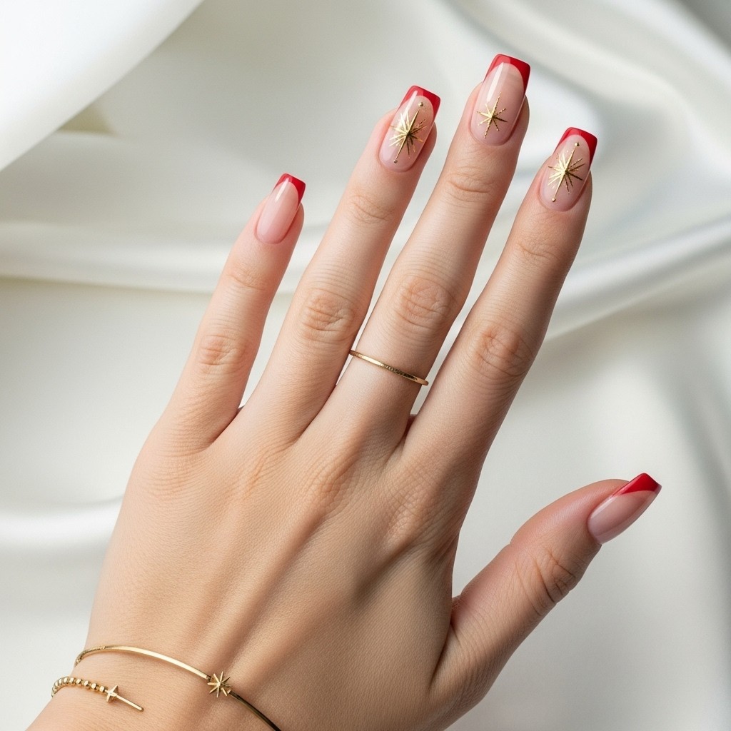 Back of hand with straight fingers showing medium-length nails with nude base and delicate gold starburst accents near red French tips.