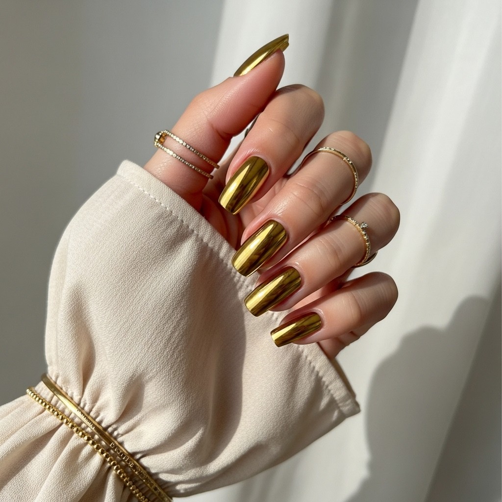 Close-up of hand with straight fingers displaying golden chrome French tip nails, delicate gold rings, and creamy beige flowy sleeves against a neutral off-white fabric background.

