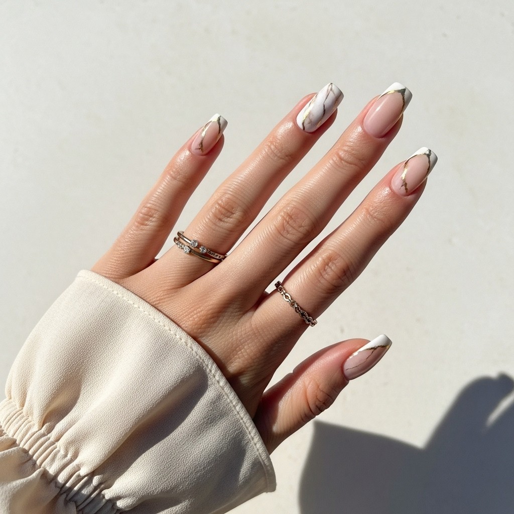 Natural hand with straight fingers showing full back, nails featuring glossy white and beige marble French tips with fine gold veining, styled with delicate gold rings and cream flowy sleeve.

