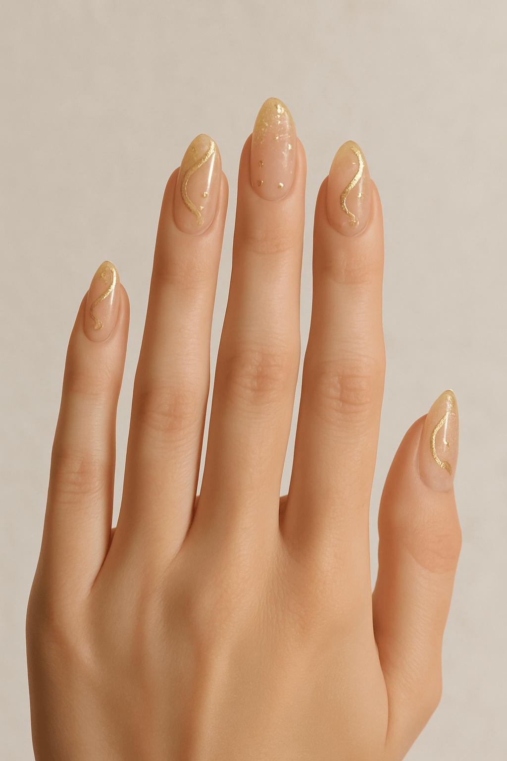 Elegant hand with slender fingers wearing Golden Wonderland nails featuring soft nude base, gold glitter, chrome swirls, and fairy-like shimmer.

