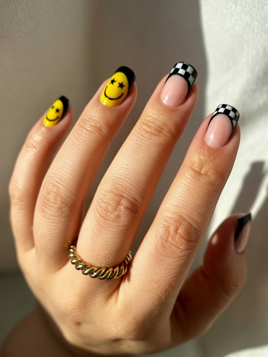 Close-up of a hand with black French tip nails featuring a yellow smiley face design, sheer base, and black-and-white checker pattern, accented by a gold rope-style ring.