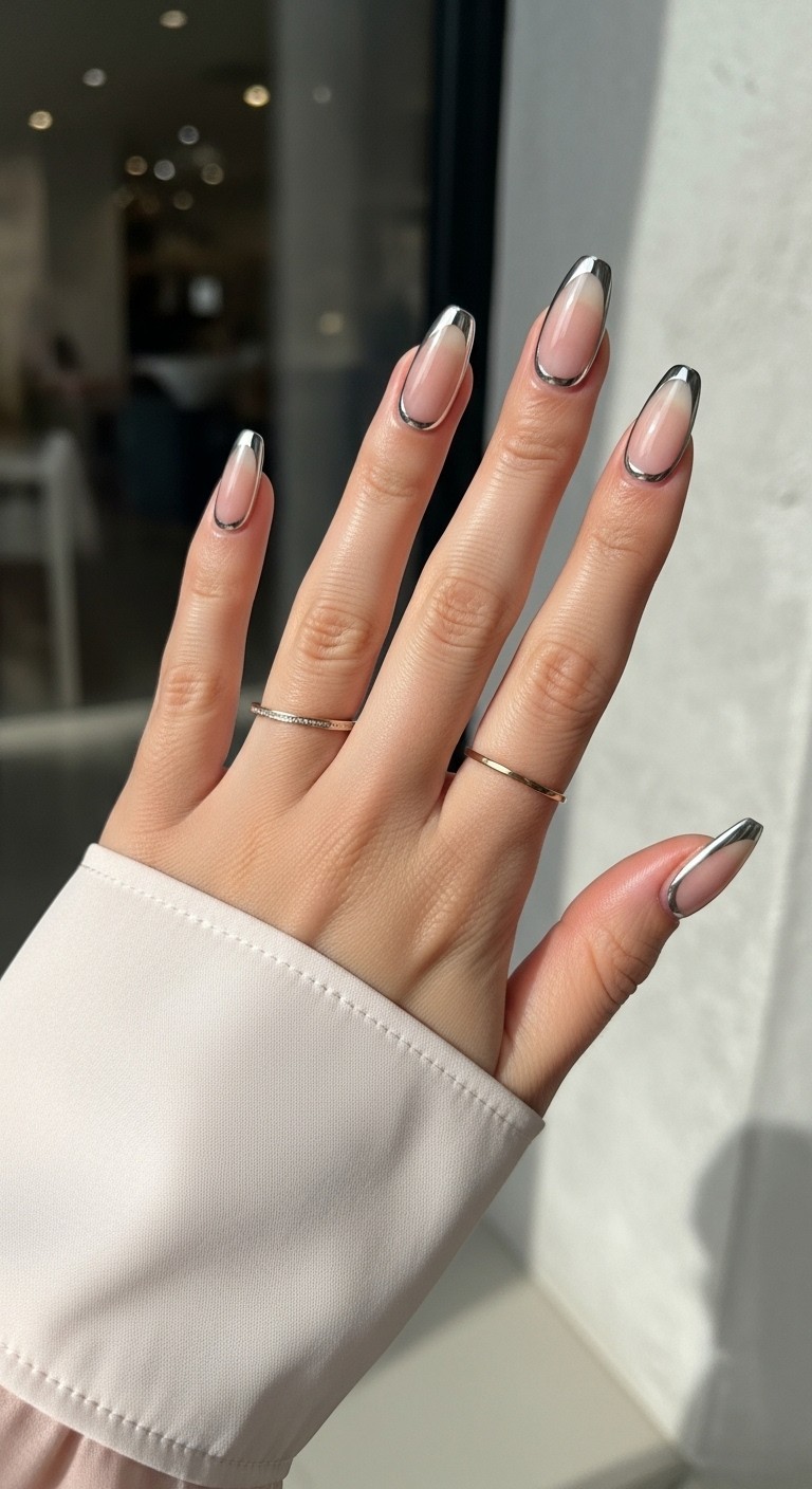 A natural female hand showing almond-shaped nails with sheer nude bases and thin, reflective chrome outlines around the tips and edges, styled with minimal jewelry and a soft neutral background.