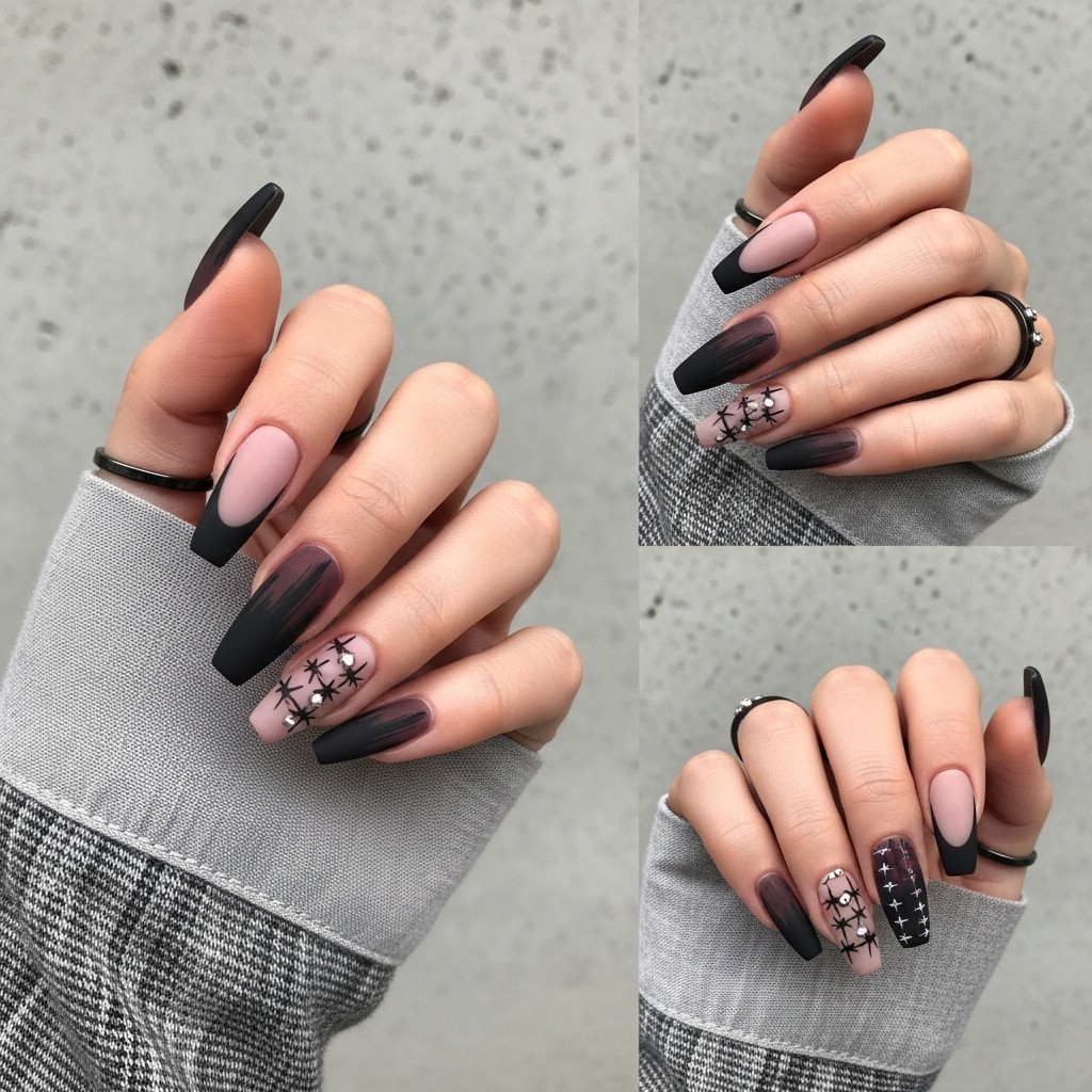 Medium-length almond nails with matte black and charcoal French tips over a taupe base, featuring smudged and distressed accents styled with a soft grey sleeve and silver ring.

