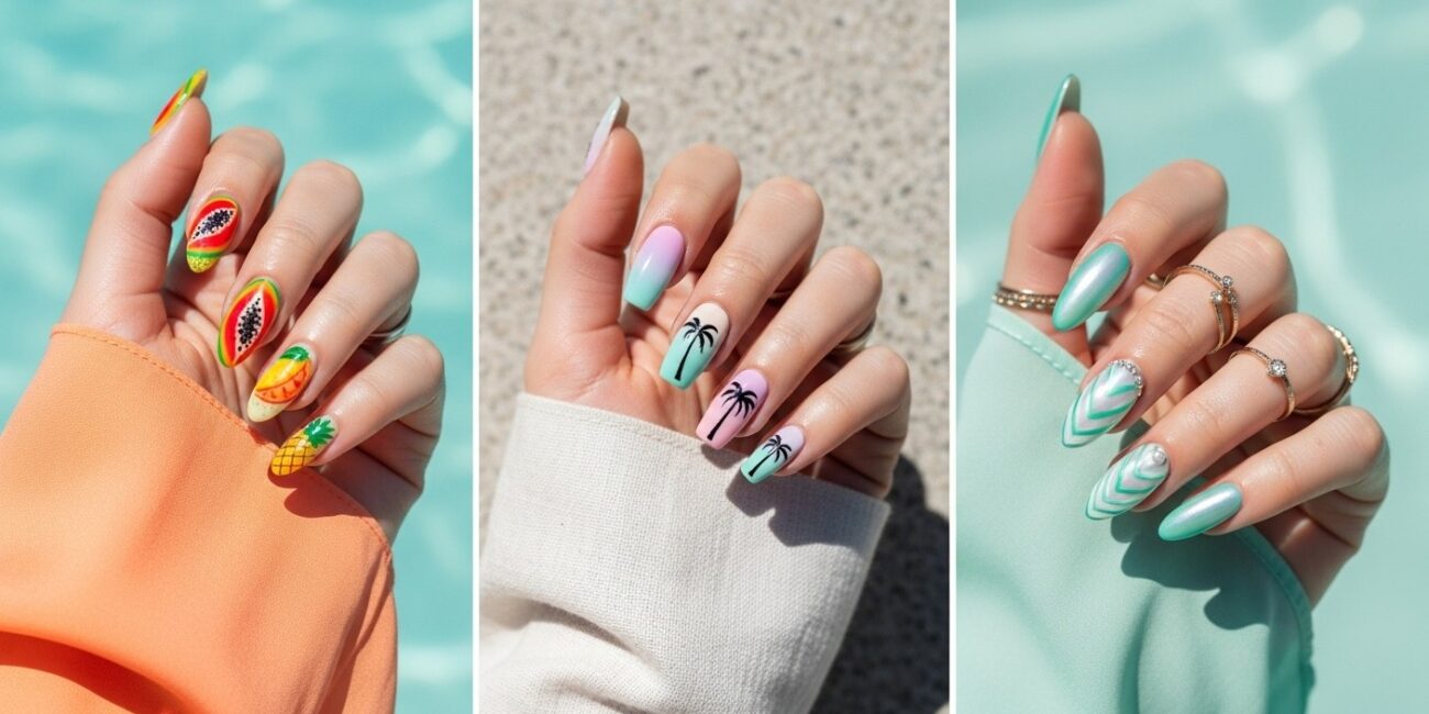 Three-panel Hawaii-inspired nail art collage featuring tropical fruit nails with papaya and pineapple, pastel ombré nails with black palm tree silhouettes, and pearly seafoam green mermaid nails with shell-like patterns and rhinestone accents.