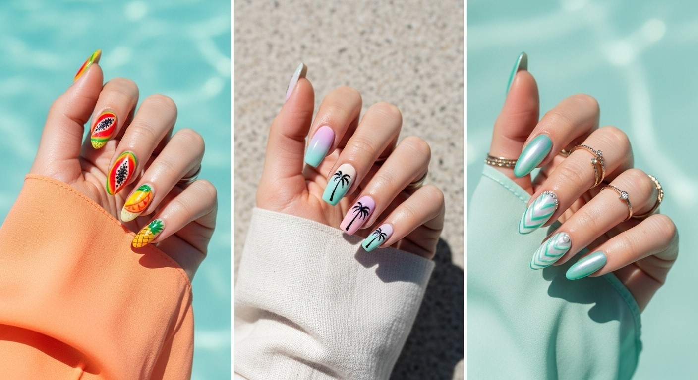Three-panel Hawaii-inspired nail art collage featuring tropical fruit nails with papaya and pineapple, pastel ombré nails with black palm tree silhouettes, and pearly seafoam green mermaid nails with shell-like patterns and rhinestone accents.