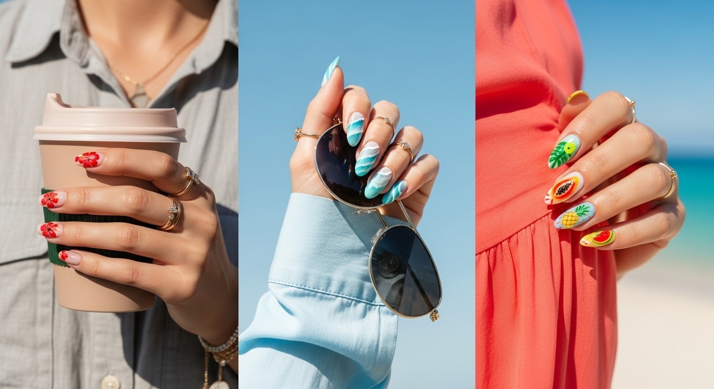 Collage of three Hawaiian nail styles transitioning from subtle daily wear to bold tropical designs, featuring nude polish with a hibiscus accent, ocean-wave ombré shimmer, and vibrant fruit nail art