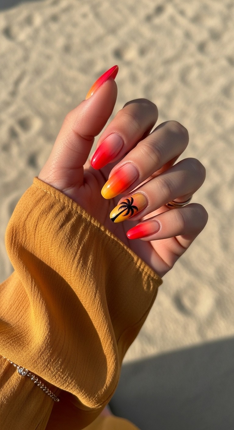 Almond-shaped nails with a hand-blended ombre design in coral, orange, and golden yellow, inspired by Hawaiian sunsets and styled with a soft-toned sleeve.