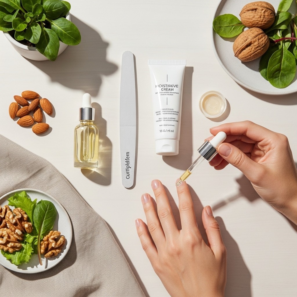Flat-lay of nail care tools including cuticle oil, nail file, hand cream alongside healthy snacks like nuts and leafy greens, promoting healthy nail growth and self-care.