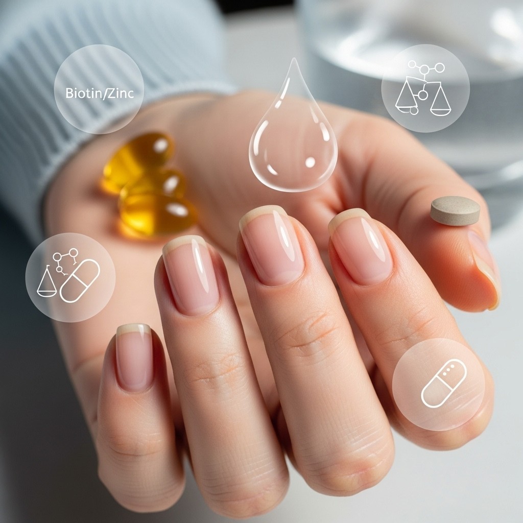 close-up of a healthy human hand with smooth, glossy nails, surrounded by soft visual cues like vitamins, water droplets, and molecular icons, symbolizing how diet, hydration, and health impact nail strength.