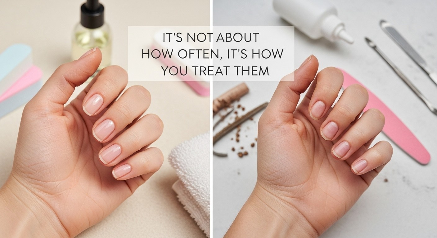 Side-by-side comparison of two female hands—one with healthy, glossy nails and hydrated cuticles, the other with damaged nails and dry, irritated cuticles. A soft, transparent text overlay in the center reads “It’s Not About How Often, It’s How You Treat Them,” emphasizing the impact of proper nail care over frequency.