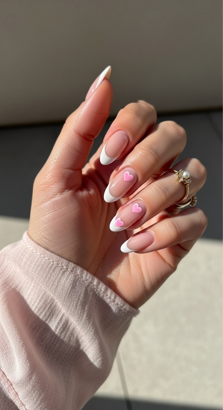 Almond-shaped white French tip nails with a glossy nude base, featuring soft pink heart accents on the ring and pinky fingers, styled with a blush chiffon sleeve and minimal gold jewelry.