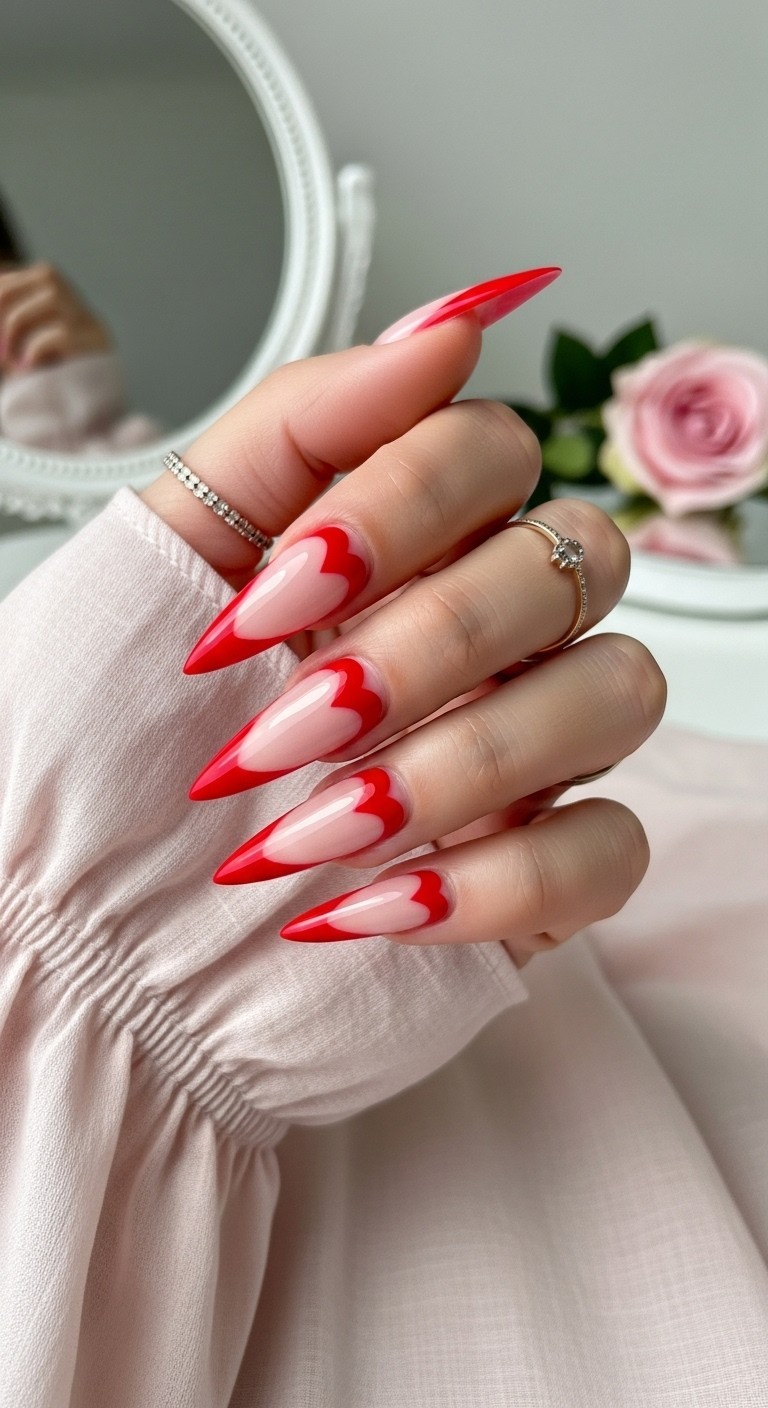 Hand with long stiletto nails featuring red French tips shaped like hearts, styled with soft lighting, nude polish base, and a romantic blouse sleeve.