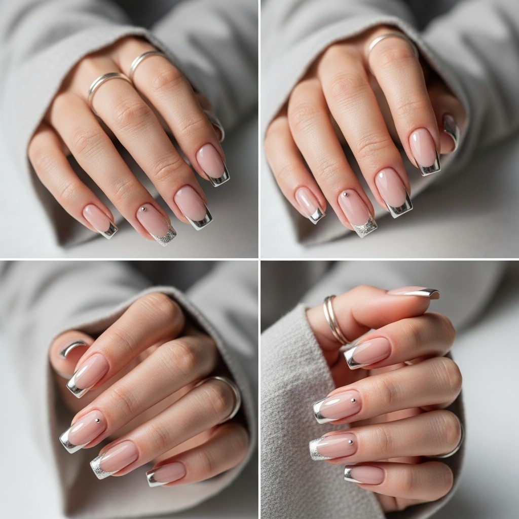 hand with square nails featuring a nude base and subtle silver chrome French tips with delicate silver stud accents, accessorized with thin silver rings and neutral sleeves.