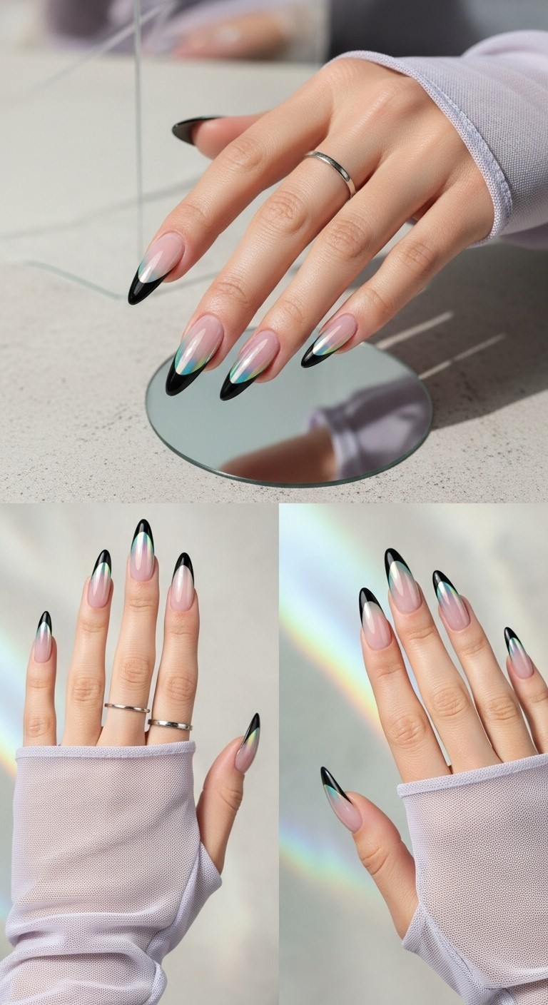 nails with sharp black French tips overlaid in rainbow-shifting holographic chrome