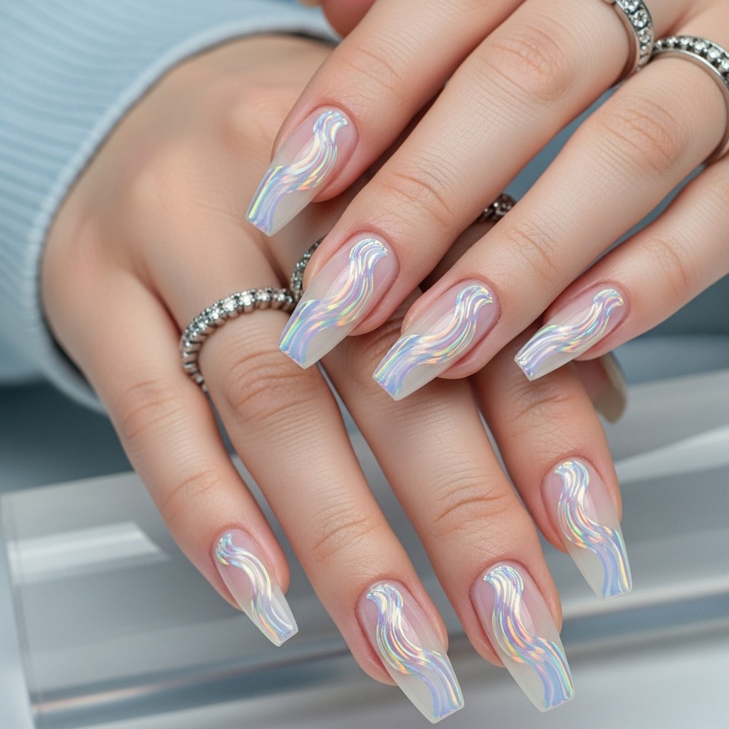 hand with holographic swirl French tips, featuring prismatic swirls over a sheer base and styled with chrome rings against a soft gray backdrop