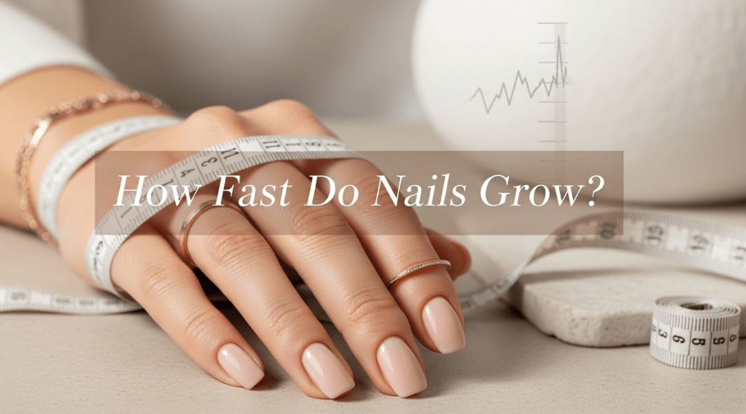 A healthy hand with clean, natural nails resting on soft fabric, with a subtle growth chart in the background suggesting nail growth.