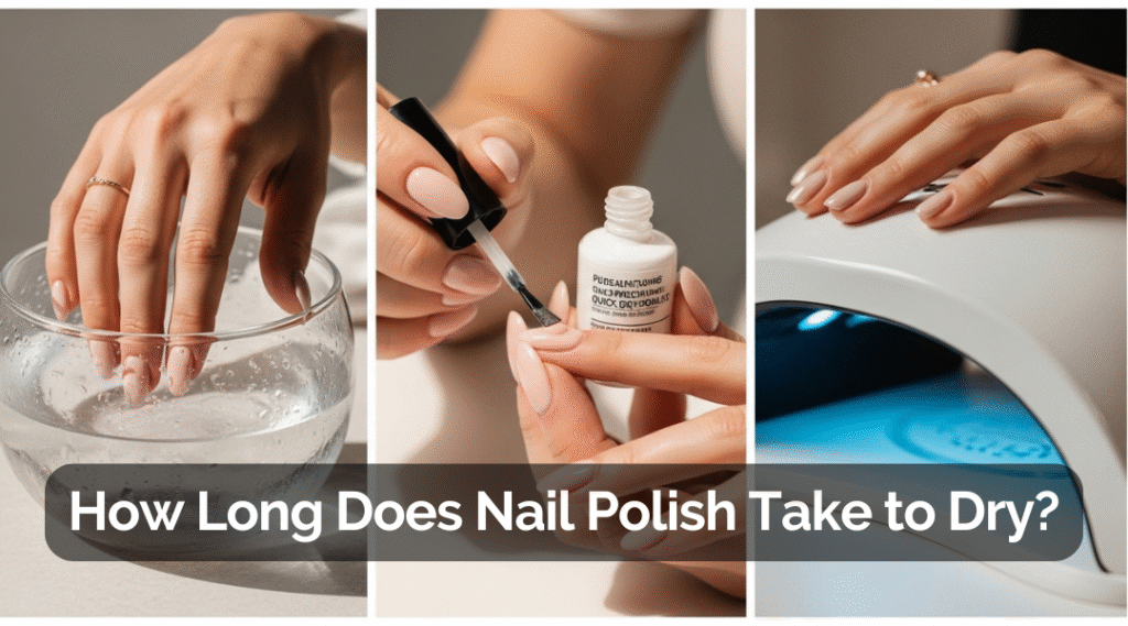 Three-panel collage showing ice water dip, top coat application, and LED lamp curing to illustrate how long nail polish takes to dry.