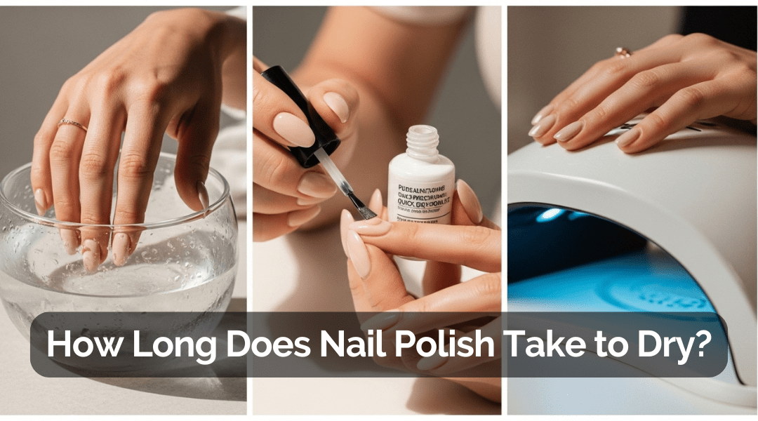 Three-panel collage showing ice water dip, top coat application, and LED lamp curing to illustrate how long nail polish takes to dry.