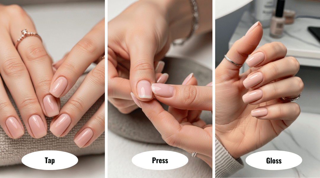 Three-panel collage showing how to tell if nail polish is dry: tapping nails together, pressing a nail gently, and checking for smooth, even gloss under soft light.