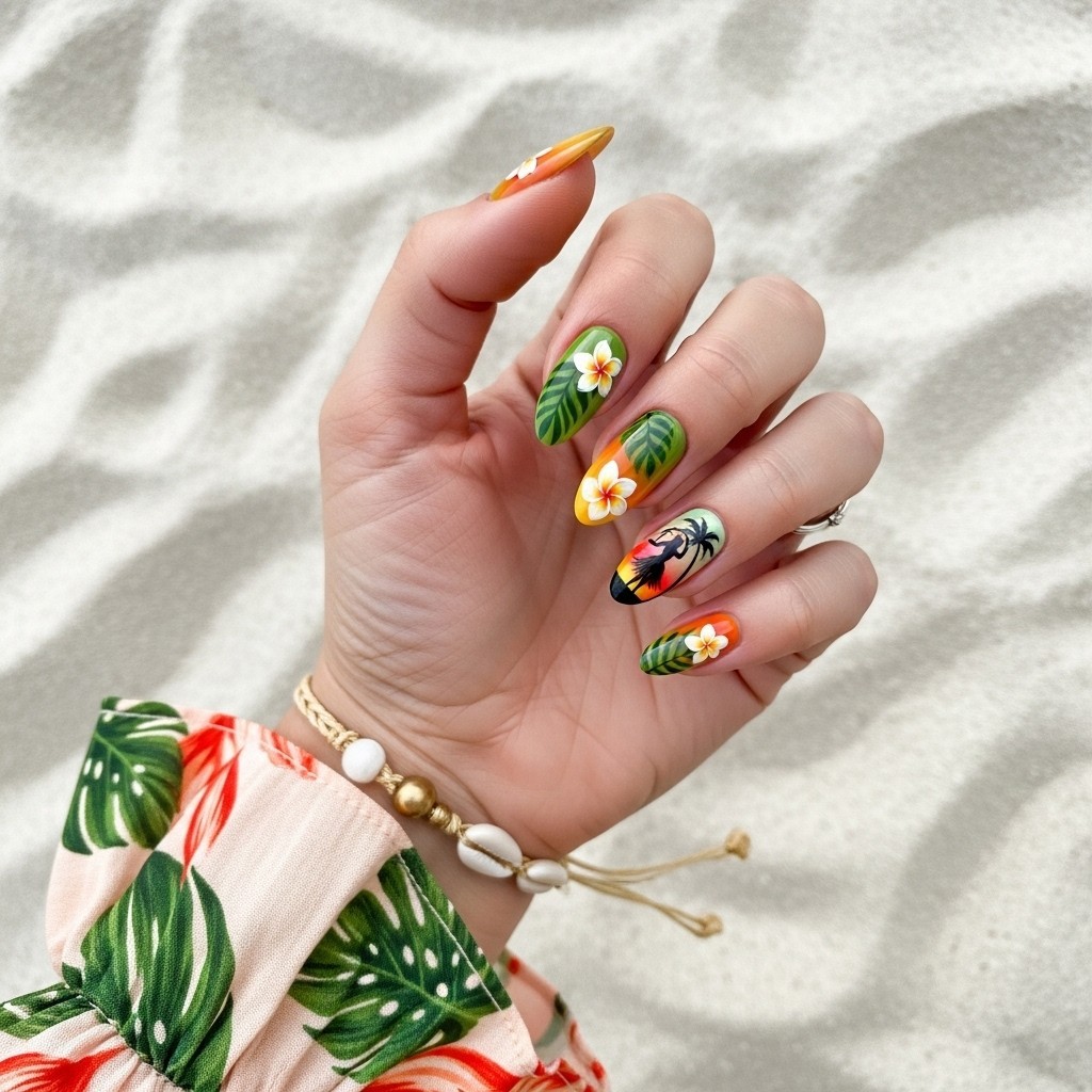 Almond-shaped nails painted in tropical sunset tones with hula-themed floral art, featuring a silhouette of a hula dancer and plumeria designs, paired with a light summer sleeve.