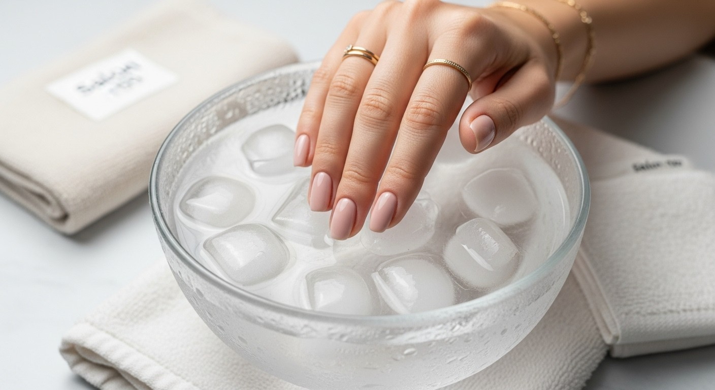 Close-up of a hand dipping freshly painted nails into a bowl of ice water with visible ice cubes and condensation, illustrating the ice water method for drying nail polish faster.