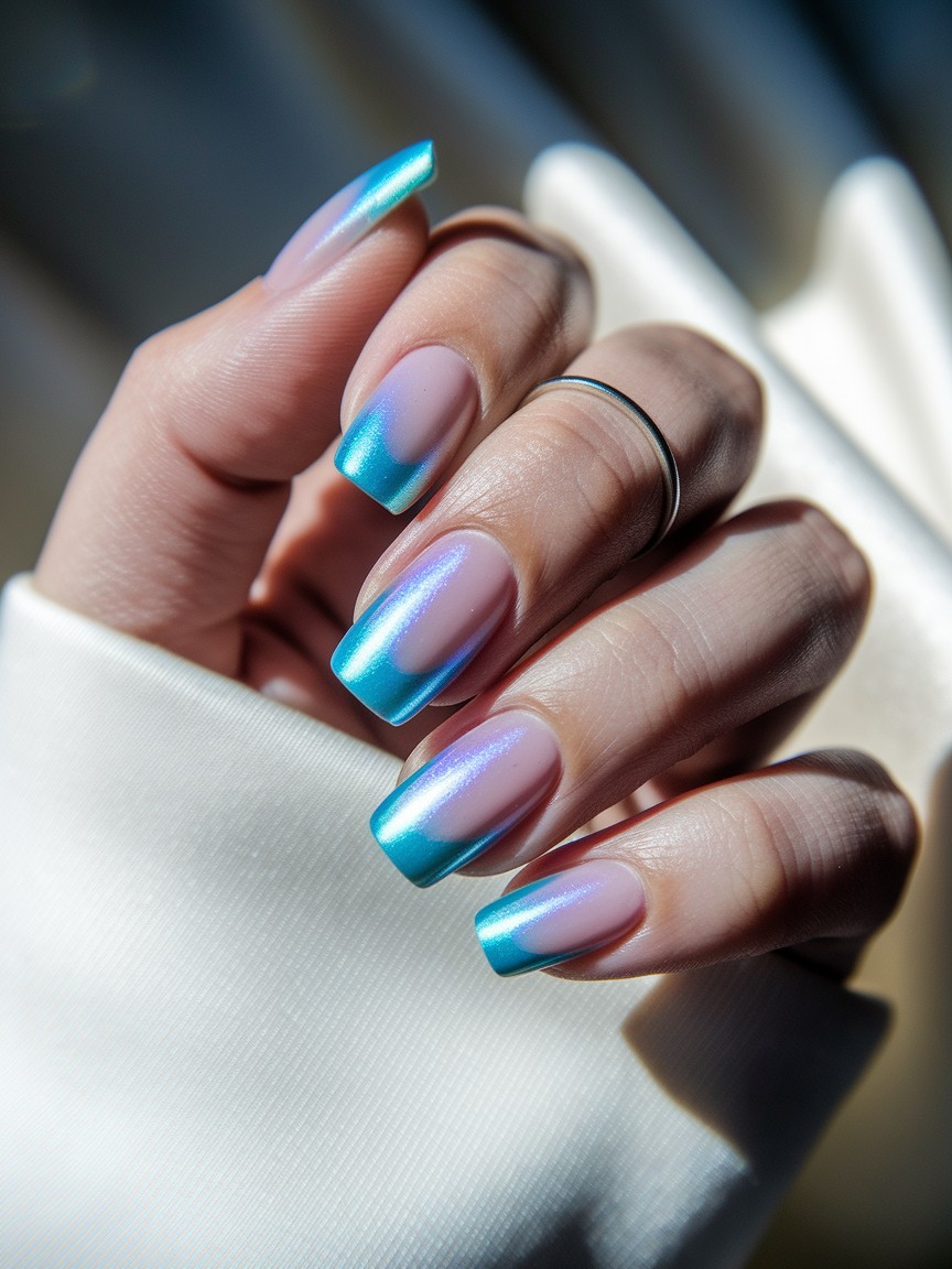 Hand at an angle showing iridescent ocean-blue French tip nails with a shimmering finish, against a soft fabric background and silver ring accent.

