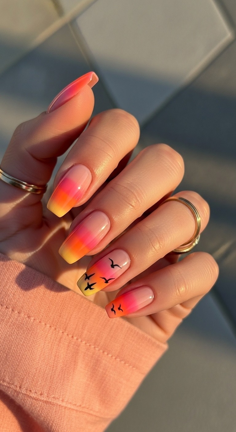 Almond nails with a hand-painted sunset ombre in coral, orange, and yellow, featuring black bird silhouettes on accent nails, styled with a coral sleeve and warm lighting.